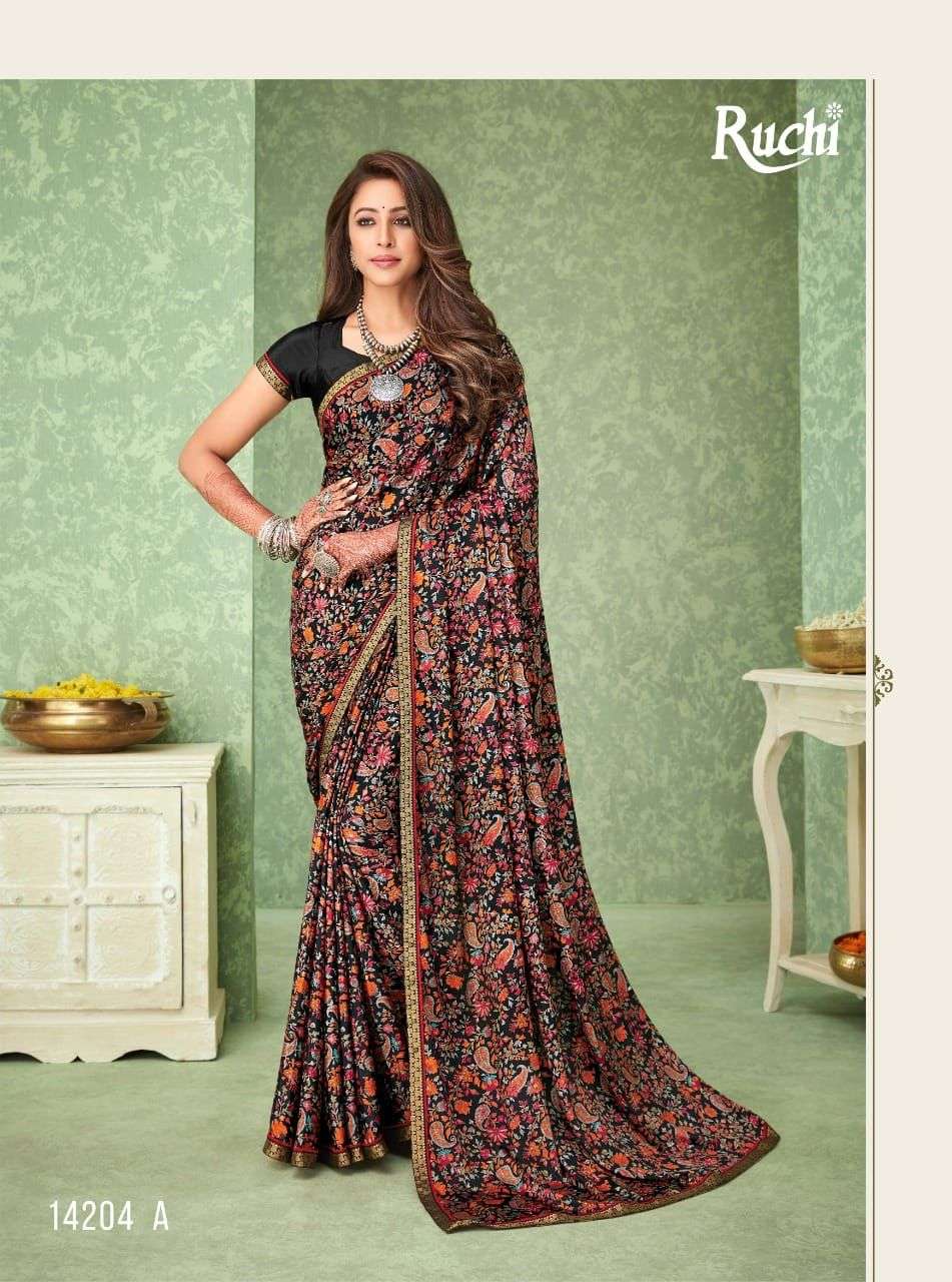 RAAGINI BY RUCHI SAREES 14201-A TO 14206-B SERIES INDIAN TRADITIONAL WEAR COLLECTION BEAUTIFUL STYLISH FANCY COLORFUL PARTY WEAR & OCCASIONAL WEAR SILK CREPE SAREES AT WHOLESALE PRICE