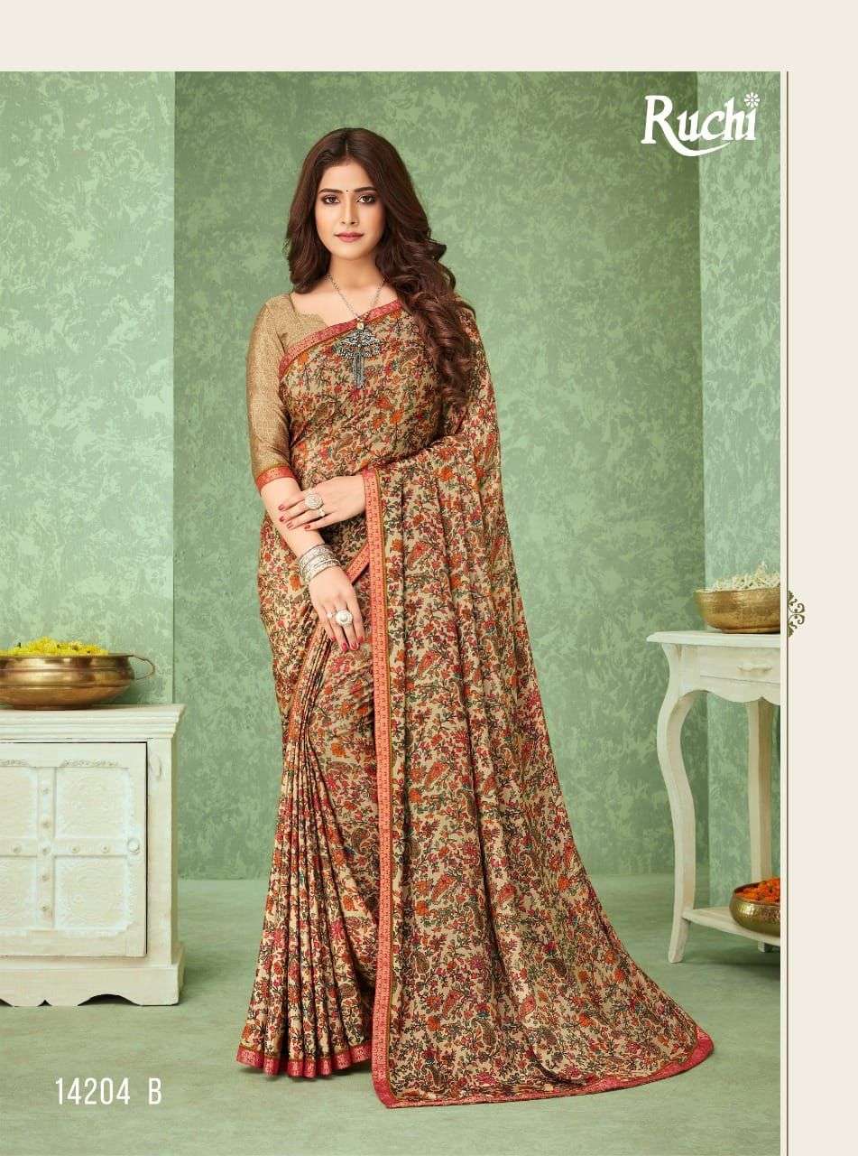 RAAGINI BY RUCHI SAREES 14201-A TO 14206-B SERIES INDIAN TRADITIONAL WEAR COLLECTION BEAUTIFUL STYLISH FANCY COLORFUL PARTY WEAR & OCCASIONAL WEAR SILK CREPE SAREES AT WHOLESALE PRICE