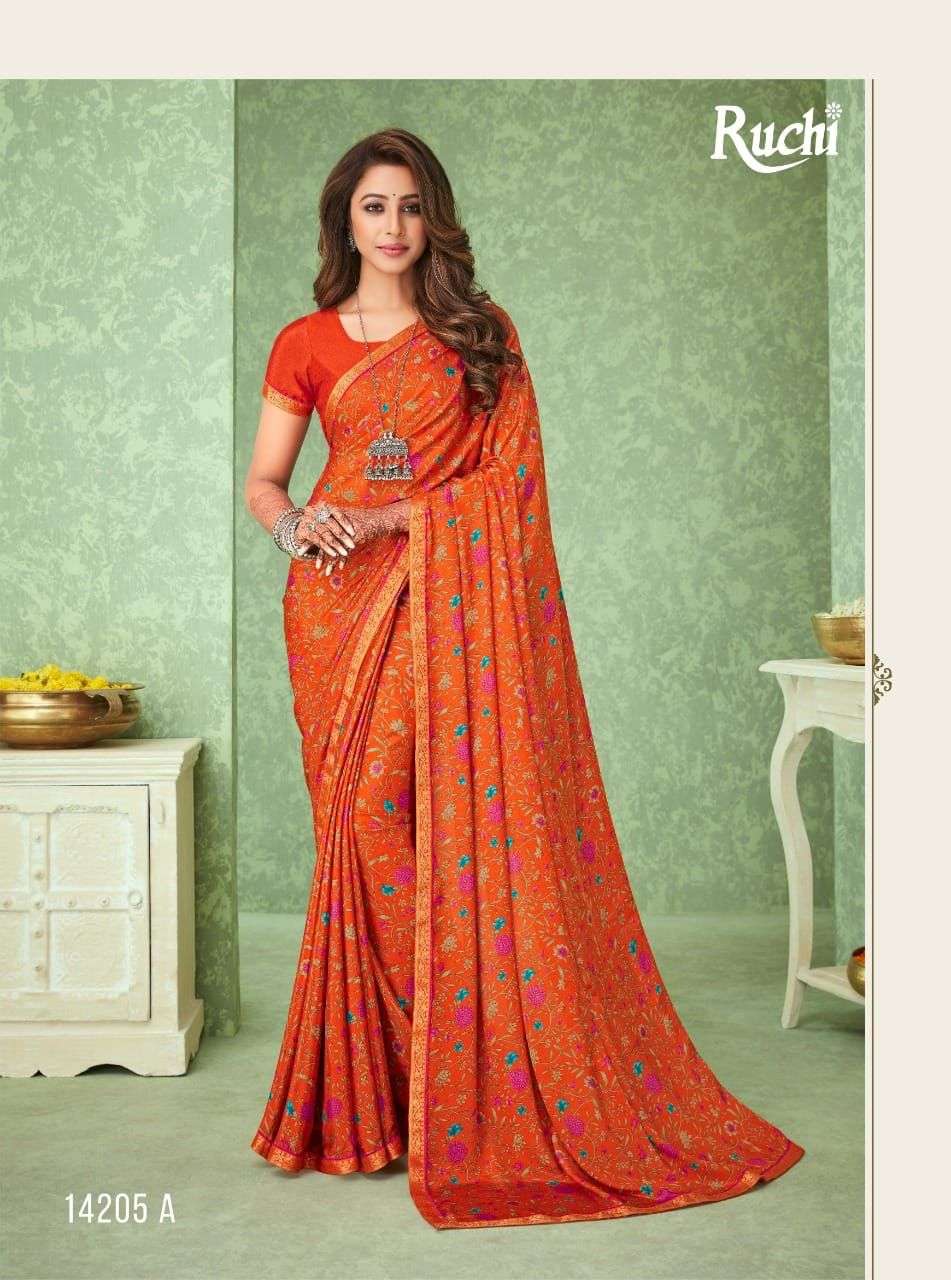 RAAGINI BY RUCHI SAREES 14201-A TO 14206-B SERIES INDIAN TRADITIONAL WEAR COLLECTION BEAUTIFUL STYLISH FANCY COLORFUL PARTY WEAR & OCCASIONAL WEAR SILK CREPE SAREES AT WHOLESALE PRICE
