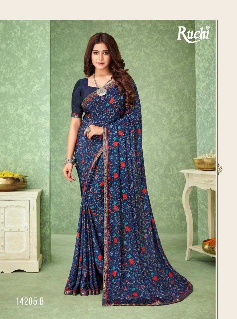 RAAGINI BY RUCHI SAREES 14201-A TO 14206-B SERIES INDIAN TRADITIONAL WEAR COLLECTION BEAUTIFUL STYLISH FANCY COLORFUL PARTY WEAR & OCCASIONAL WEAR SILK CREPE SAREES AT WHOLESALE PRICE