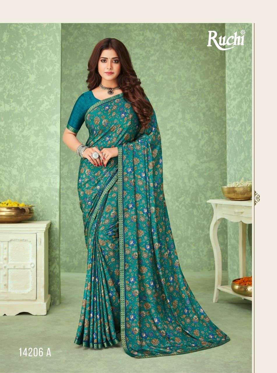 RAAGINI BY RUCHI SAREES 14201-A TO 14206-B SERIES INDIAN TRADITIONAL WEAR COLLECTION BEAUTIFUL STYLISH FANCY COLORFUL PARTY WEAR & OCCASIONAL WEAR SILK CREPE SAREES AT WHOLESALE PRICE