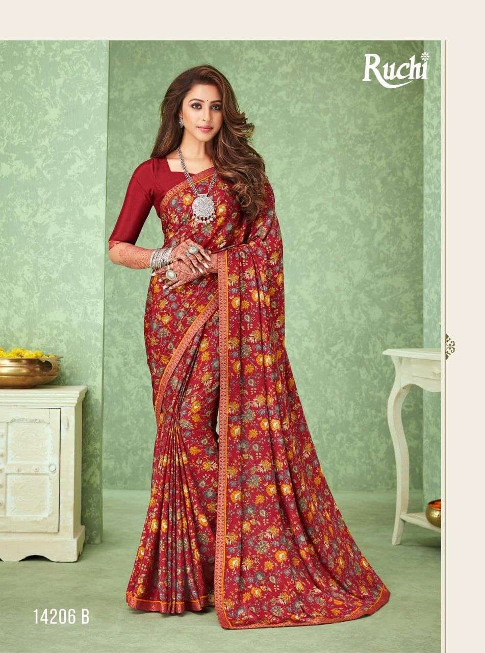 RAAGINI BY RUCHI SAREES 14201-A TO 14206-B SERIES INDIAN TRADITIONAL WEAR COLLECTION BEAUTIFUL STYLISH FANCY COLORFUL PARTY WEAR & OCCASIONAL WEAR SILK CREPE SAREES AT WHOLESALE PRICE