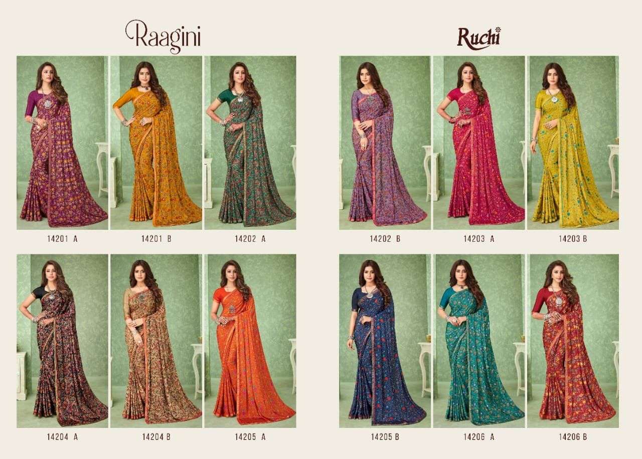 RAAGINI BY RUCHI SAREES 14201-A TO 14206-B SERIES INDIAN TRADITIONAL WEAR COLLECTION BEAUTIFUL STYLISH FANCY COLORFUL PARTY WEAR & OCCASIONAL WEAR SILK CREPE SAREES AT WHOLESALE PRICE