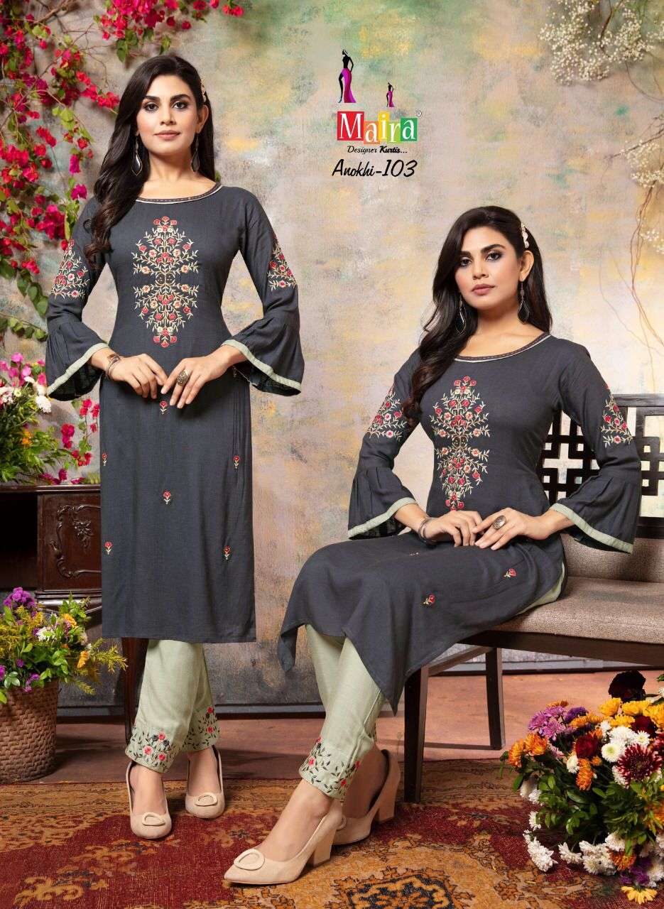 ANOKHI BY MAIRA 101 TO 108 SERIES DESIGNER STYLISH FANCY COLORFUL BEAUTIFUL PARTY WEAR & ETHNIC WEAR COLLECTION HEAVY RAYON SLUB KURTIS WITH BOTTOM AT WHOLESALE PRICE
