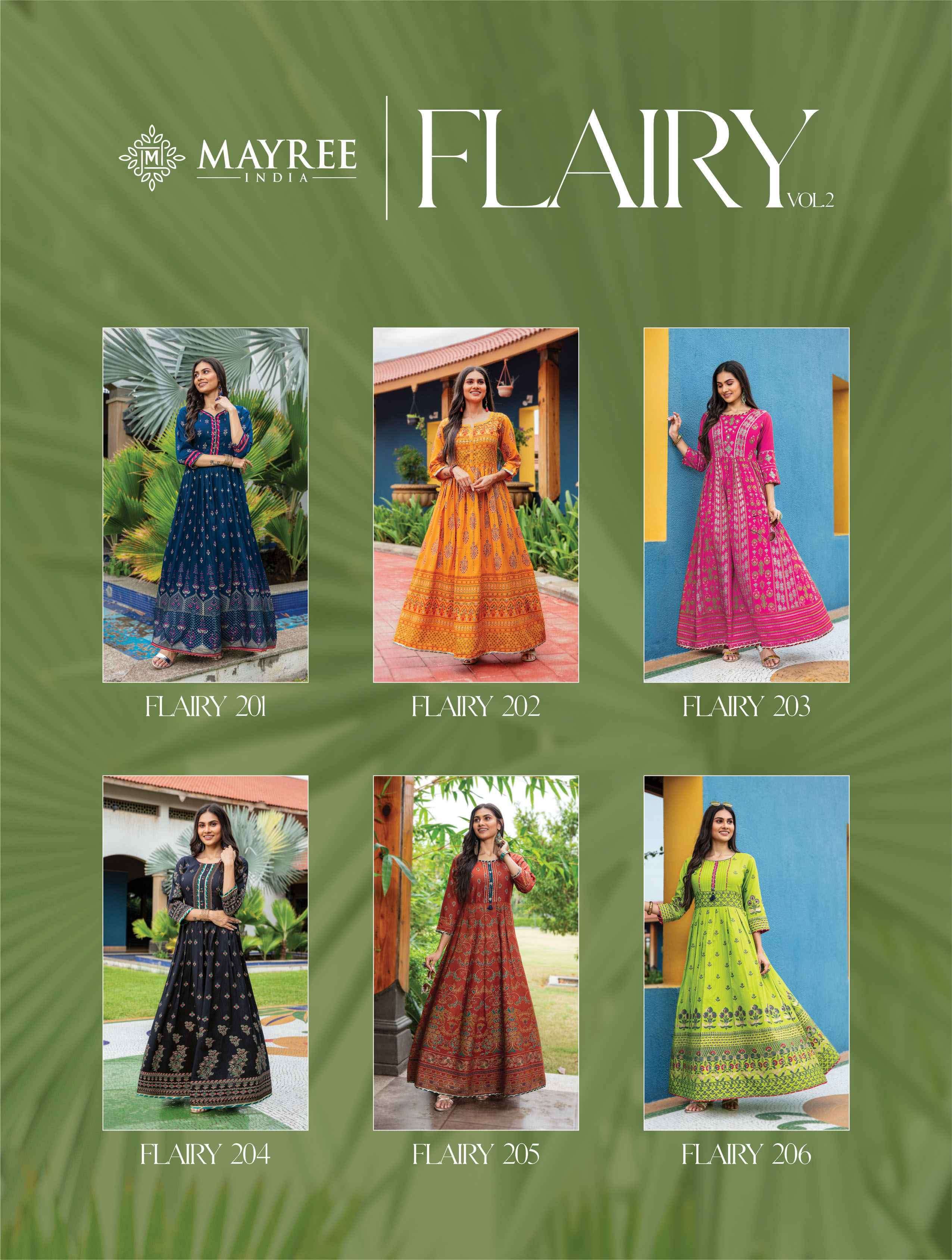 FLAIRY VOL-2 BY MAYREE 201 TO 206 SERIES BEAUTIFUL STYLISH FANCY COLORFUL CASUAL WEAR & ETHNIC WEAR HEAVY SILK PRINT GOWNS AT WHOLESALE PRICE