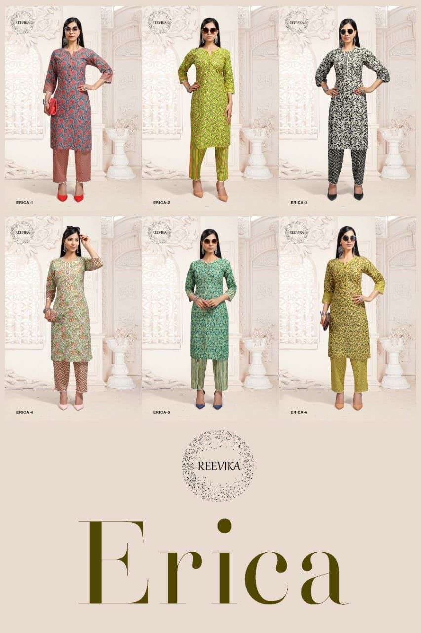ERICA BY REEVIKA 1 TO 6 SERIES DESIGNER STYLISH FANCY COLORFUL BEAUTIFUL PARTY WEAR & ETHNIC WEAR COLLECTION COTTON PRINT KURTIS WITH BOTTOM AT WHOLESALE PRICE