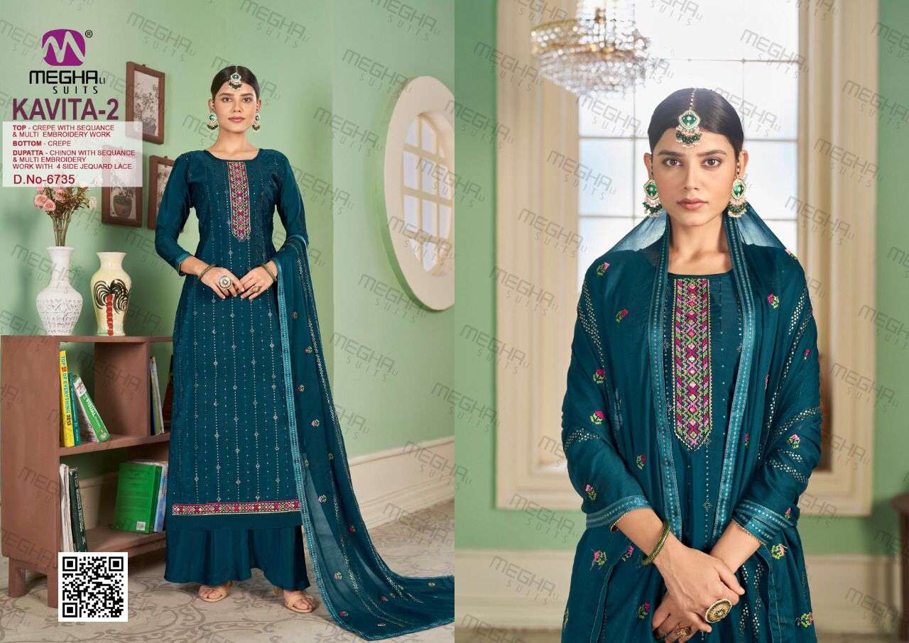 KAVITA VOL-2 BY MEGHALI SUITS 6735 TO 6740 SERIES BEAUTIFUL SHARARA SUITS COLORFUL STYLISH FANCY CASUAL WEAR & ETHNIC WEAR CREPE EMBROIDERED DRESSES AT WHOLESALE PRICE