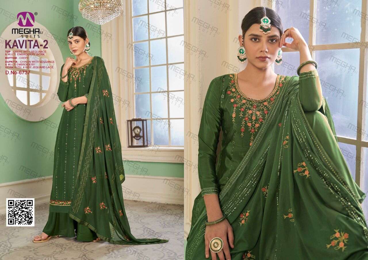 KAVITA VOL-2 BY MEGHALI SUITS 6735 TO 6740 SERIES BEAUTIFUL SHARARA SUITS COLORFUL STYLISH FANCY CASUAL WEAR & ETHNIC WEAR CREPE EMBROIDERED DRESSES AT WHOLESALE PRICE