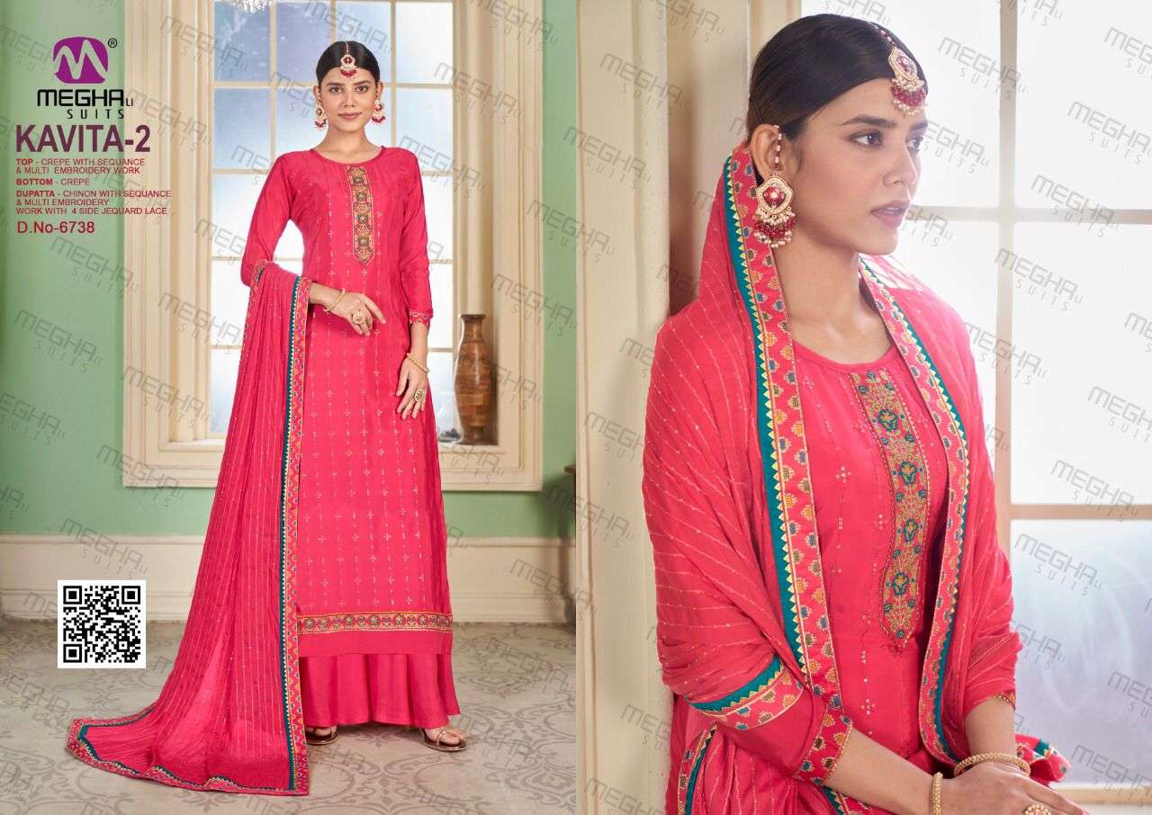 KAVITA VOL-2 BY MEGHALI SUITS 6735 TO 6740 SERIES BEAUTIFUL SHARARA SUITS COLORFUL STYLISH FANCY CASUAL WEAR & ETHNIC WEAR CREPE EMBROIDERED DRESSES AT WHOLESALE PRICE