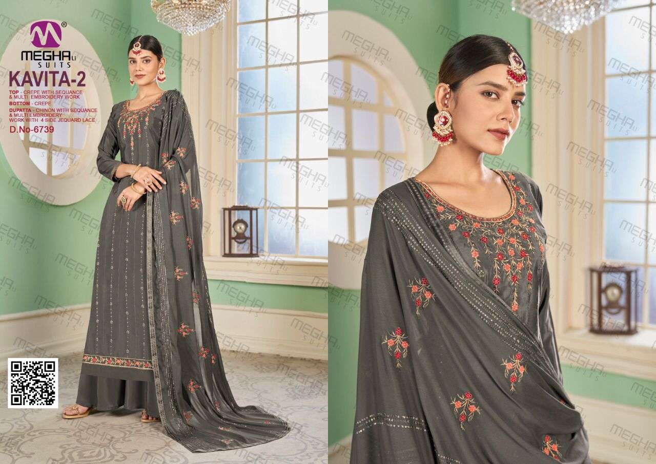 KAVITA VOL-2 BY MEGHALI SUITS 6735 TO 6740 SERIES BEAUTIFUL SHARARA SUITS COLORFUL STYLISH FANCY CASUAL WEAR & ETHNIC WEAR CREPE EMBROIDERED DRESSES AT WHOLESALE PRICE