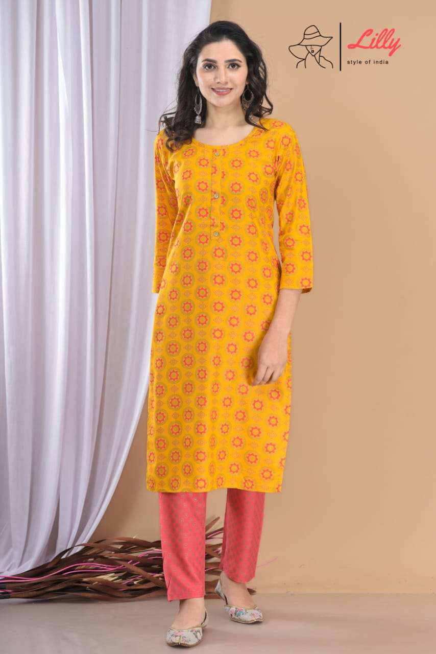 MEENA VOL-5 BY LILLY DESIGNER STYLISH FANCY COLORFUL BEAUTIFUL PARTY WEAR & ETHNIC WEAR COLLECTION RAYON PRINT KURTIS WITH BOTTOM AT WHOLESALE PRICE
