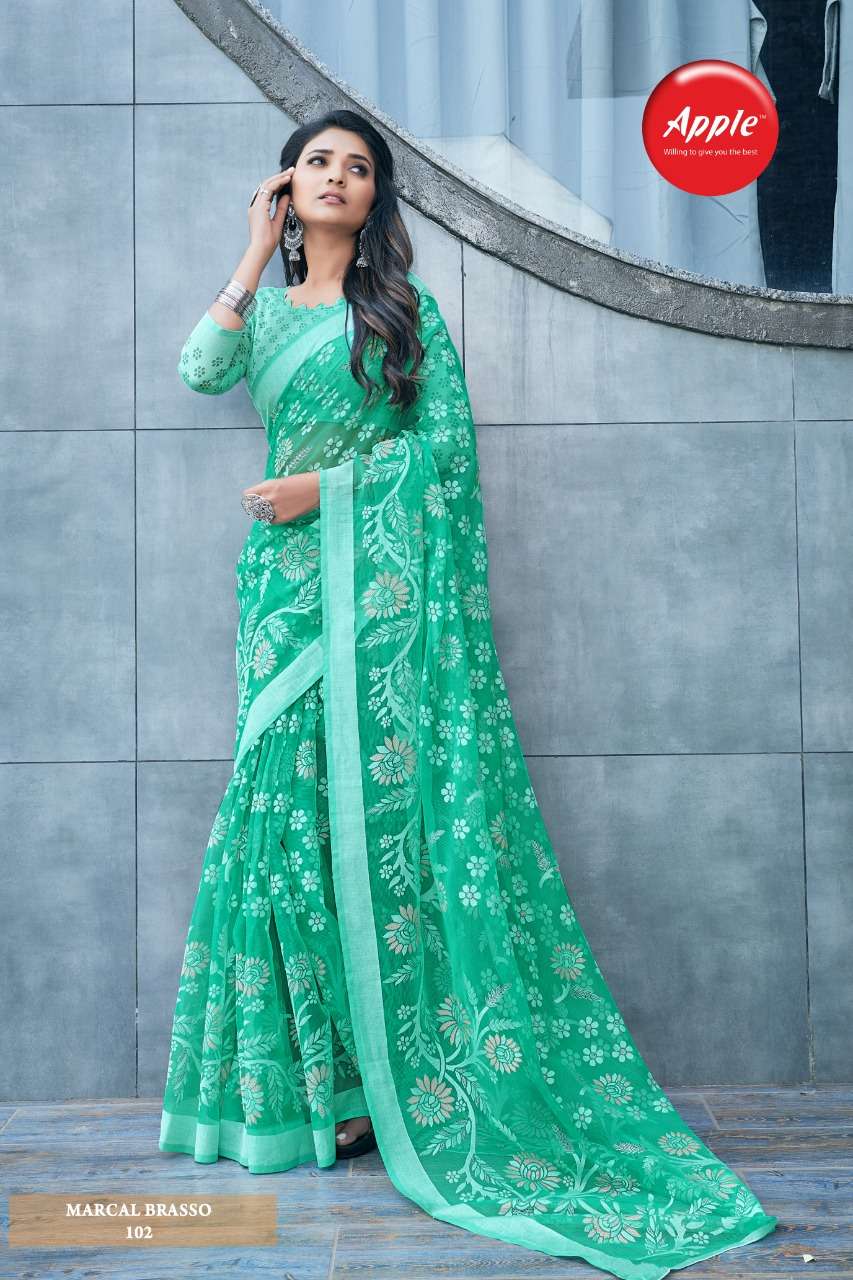 MARCAL BRASSO BY APPLE 101 TO 108 SERIES INDIAN TRADITIONAL WEAR COLLECTION BEAUTIFUL STYLISH FANCY COLORFUL PARTY WEAR & OCCASIONAL WEAR BRASSO SAREES AT WHOLESALE PRICE
