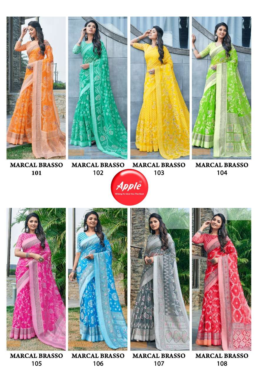 MARCAL BRASSO BY APPLE 101 TO 108 SERIES INDIAN TRADITIONAL WEAR COLLECTION BEAUTIFUL STYLISH FANCY COLORFUL PARTY WEAR & OCCASIONAL WEAR BRASSO SAREES AT WHOLESALE PRICE