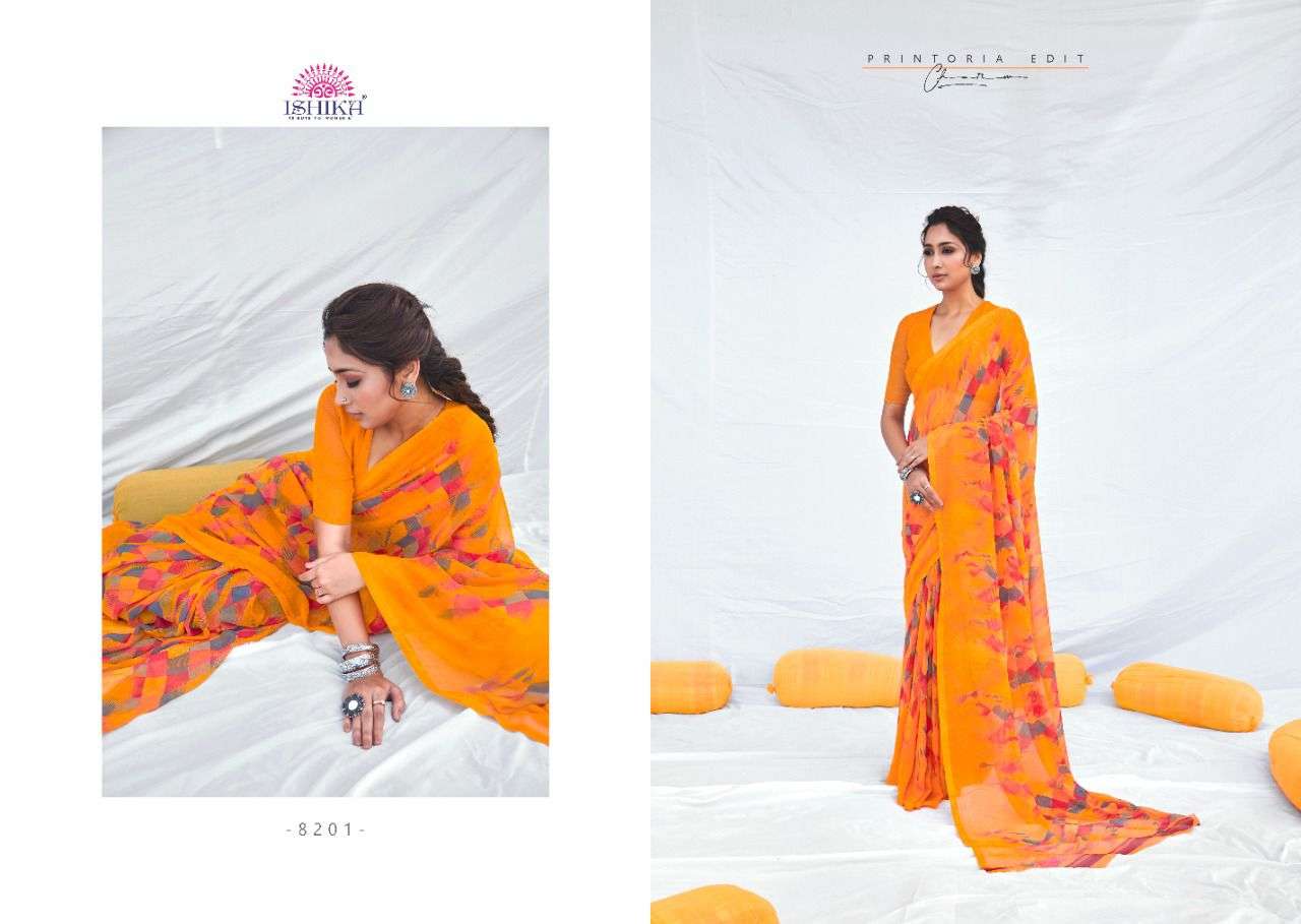 MILANO VOL-8 BY ISHIKA FASHION 8201 TO 8214 SERIES INDIAN TRADITIONAL WEAR COLLECTION BEAUTIFUL STYLISH FANCY COLORFUL PARTY WEAR & OCCASIONAL WEAR GEORGETTE PRINT SAREES AT WHOLESALE PRICE