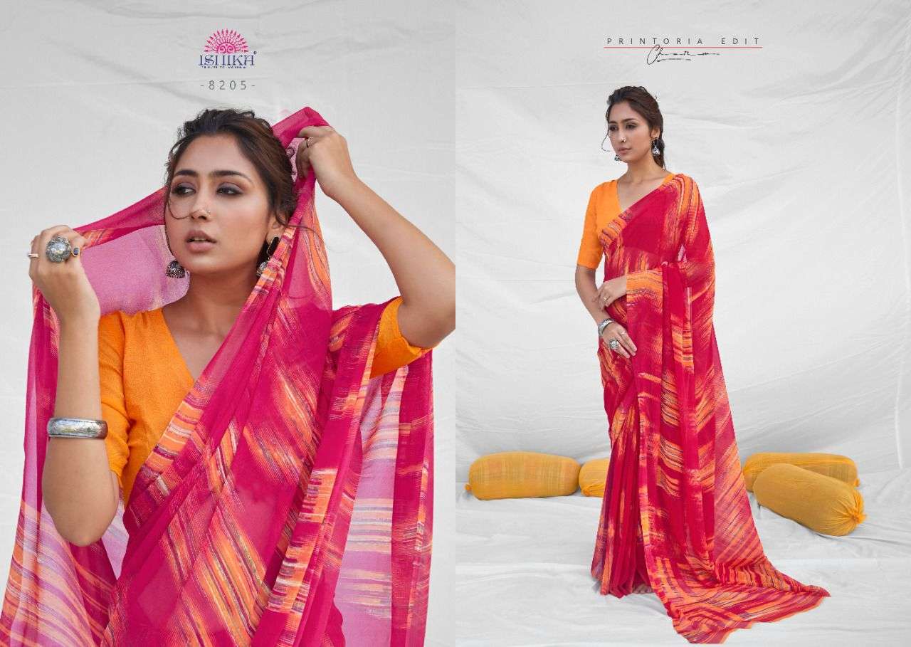 MILANO VOL-8 BY ISHIKA FASHION 8201 TO 8214 SERIES INDIAN TRADITIONAL WEAR COLLECTION BEAUTIFUL STYLISH FANCY COLORFUL PARTY WEAR & OCCASIONAL WEAR GEORGETTE PRINT SAREES AT WHOLESALE PRICE