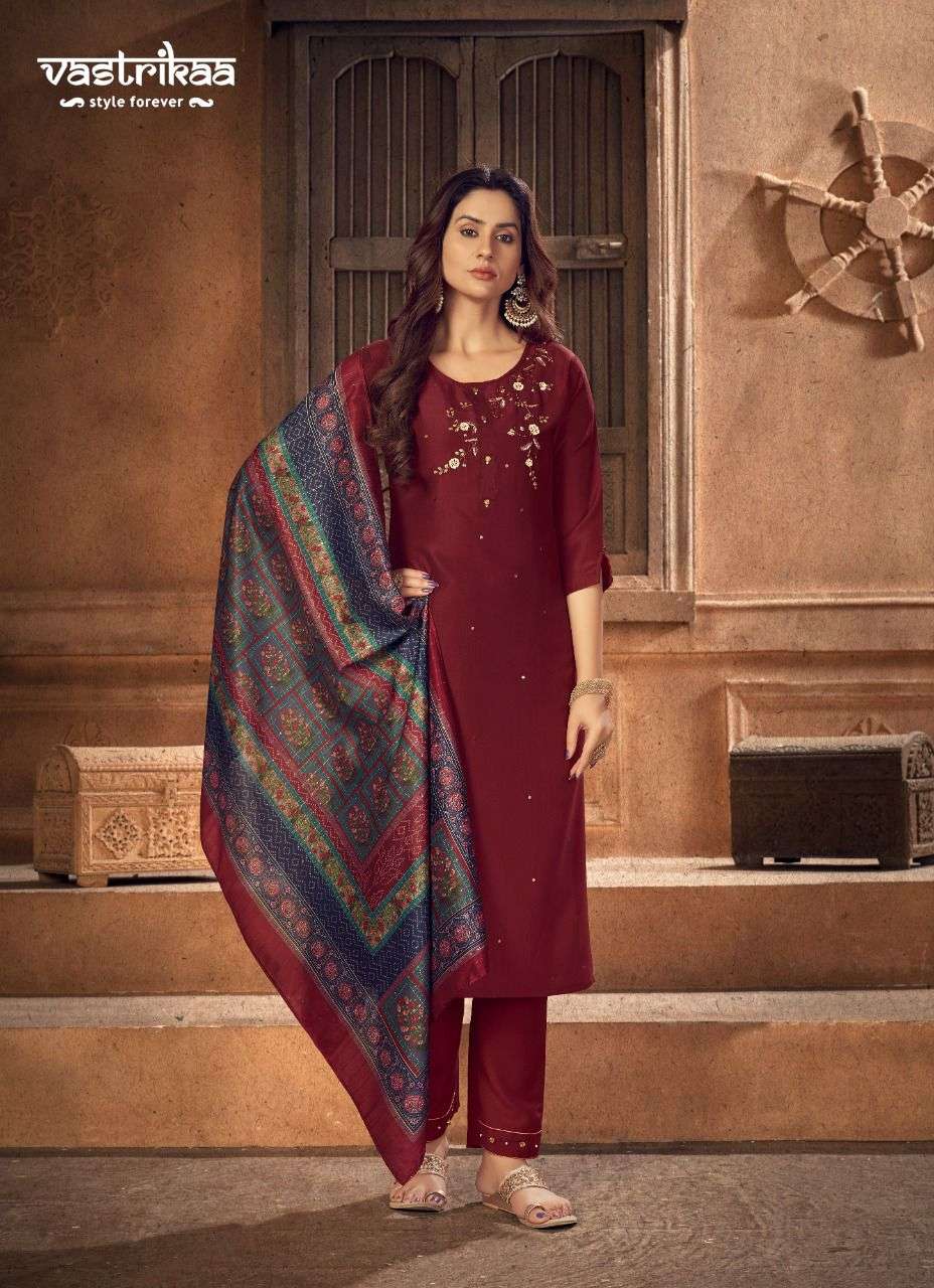 MAANYA BY VASTRIKAA 183 TO 188 SERIES BEAUTIFUL SUITS COLORFUL STYLISH FANCY CASUAL WEAR & ETHNIC WEAR CHINNON SILK DRESSES AT WHOLESALE PRICE