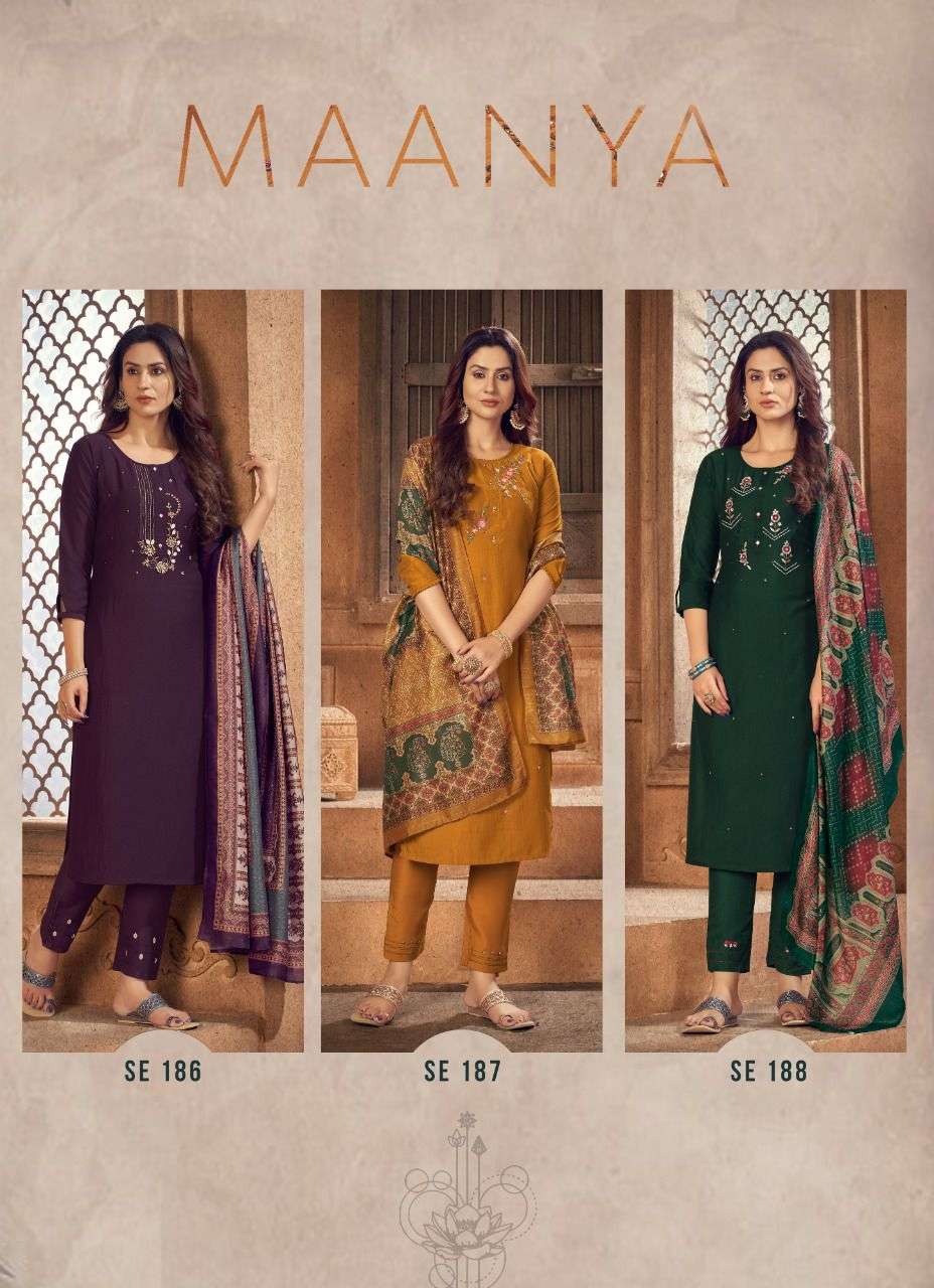 MAANYA BY VASTRIKAA 183 TO 188 SERIES BEAUTIFUL SUITS COLORFUL STYLISH FANCY CASUAL WEAR & ETHNIC WEAR CHINNON SILK DRESSES AT WHOLESALE PRICE