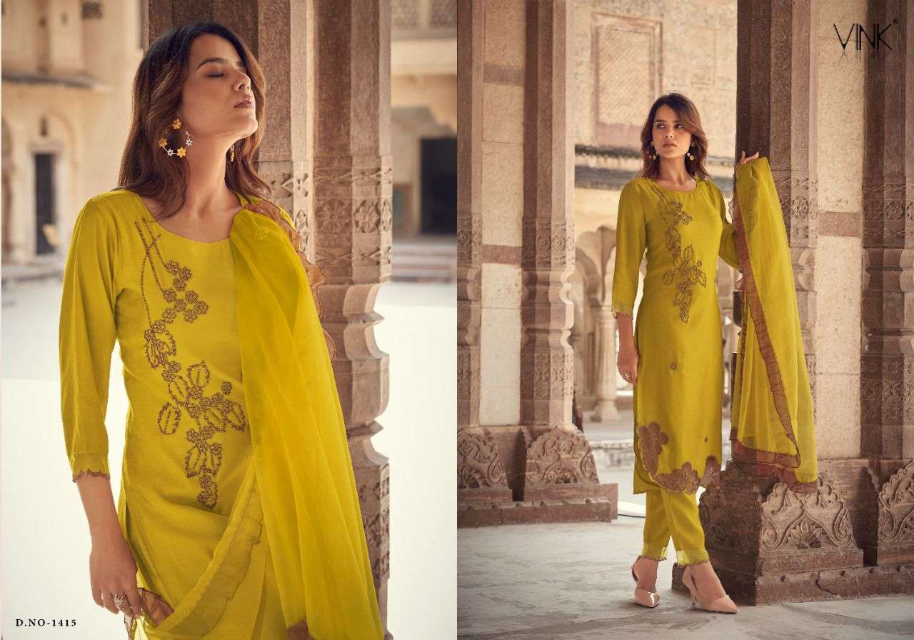 APPLIQUE BY VINK 1411 TO 1416 SERIES BEAUTIFUL SUITS COLORFUL STYLISH FANCY CASUAL WEAR & ETHNIC WEAR PURE VISCOSE DRESSES AT WHOLESALE PRICE