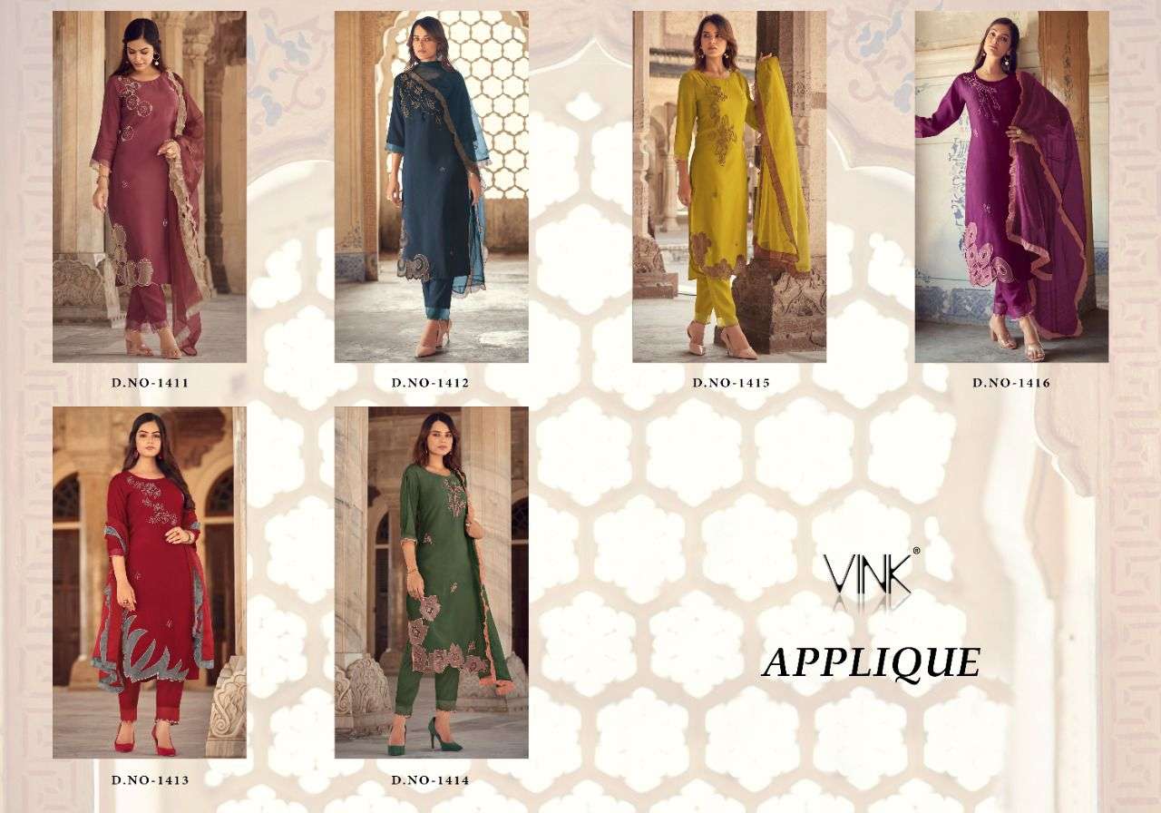 APPLIQUE BY VINK 1411 TO 1416 SERIES BEAUTIFUL SUITS COLORFUL STYLISH FANCY CASUAL WEAR & ETHNIC WEAR PURE VISCOSE DRESSES AT WHOLESALE PRICE