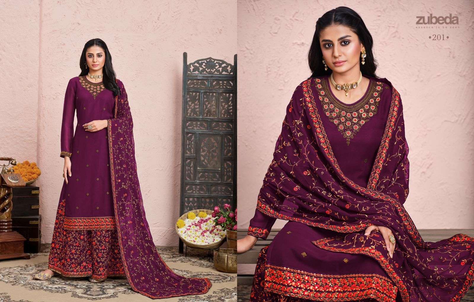 ELYSLA BY ZUBEDA 201 TO 204 SERIES BEAUTIFUL SUITS COLORFUL STYLISH FANCY CASUAL WEAR & ETHNIC WEAR GEORGETTE EMBROIDERED DRESSES AT WHOLESALE PRICE