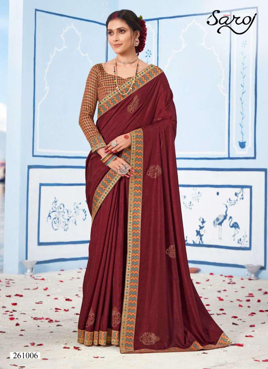 NAMASVI BY SAROJ 261001 TO 261008 SERIES INDIAN TRADITIONAL WEAR COLLECTION BEAUTIFUL STYLISH FANCY COLORFUL PARTY WEAR & OCCASIONAL WEAR VICHITRA SILK SAREES AT WHOLESALE PRICE
