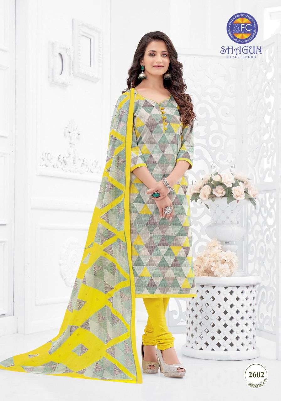 SHAGUN VOL-26 BY MFC 2601 TO 2620 SERIES BEAUTIFUL SUITS COLORFUL STYLISH FANCY CASUAL WEAR & ETHNIC WEAR PURE COTTON DRESSES AT WHOLESALE PRICE