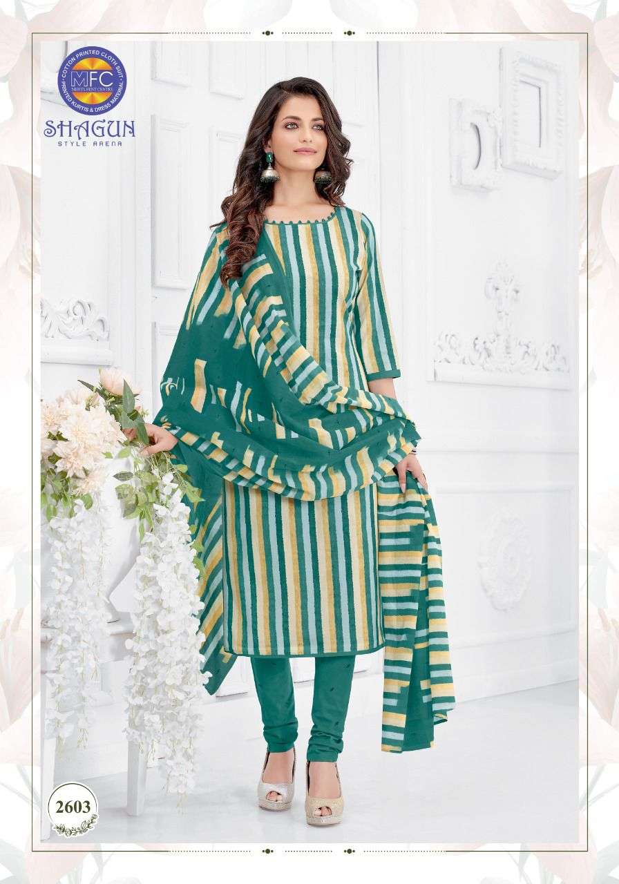 SHAGUN VOL-26 BY MFC 2601 TO 2620 SERIES BEAUTIFUL SUITS COLORFUL STYLISH FANCY CASUAL WEAR & ETHNIC WEAR PURE COTTON DRESSES AT WHOLESALE PRICE