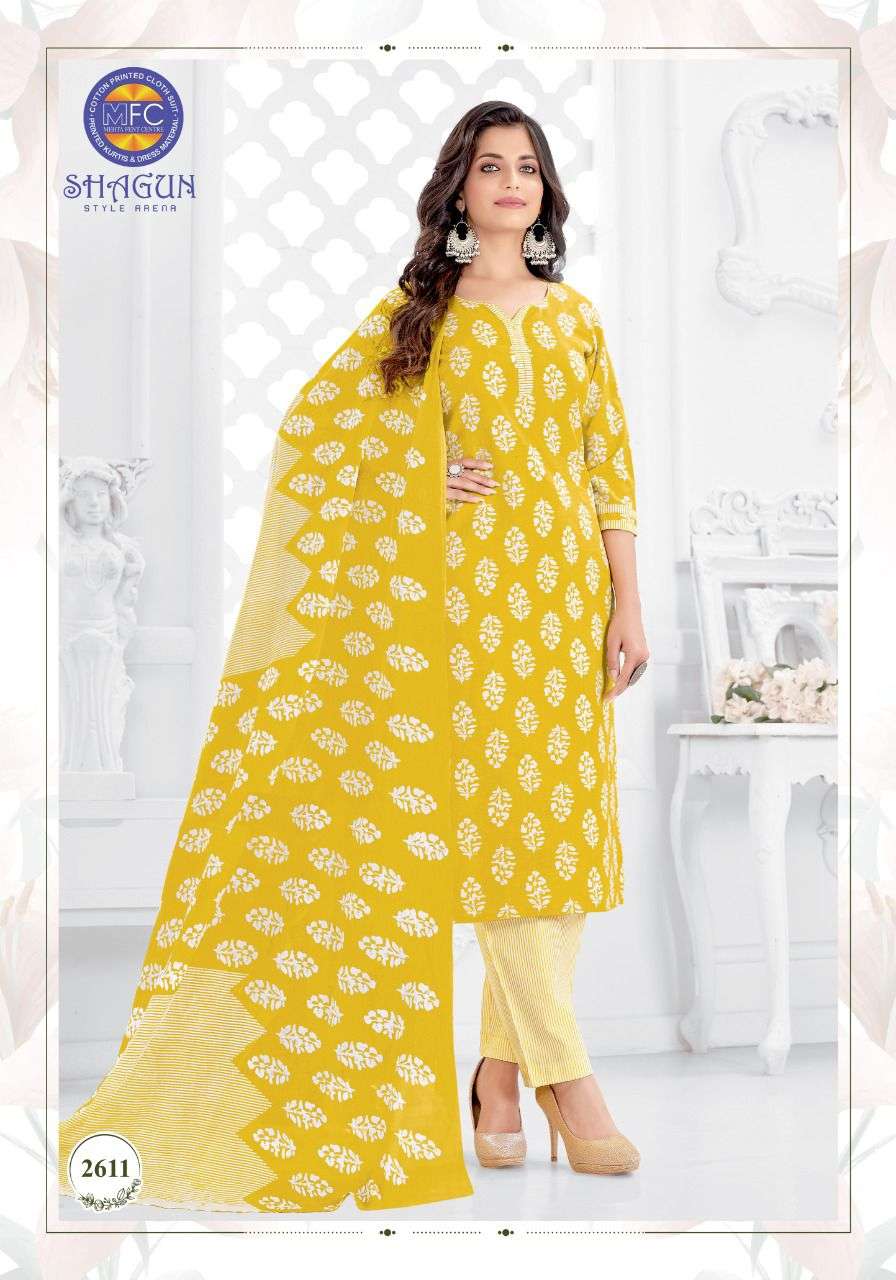 SHAGUN VOL-26 BY MFC 2601 TO 2620 SERIES BEAUTIFUL SUITS COLORFUL STYLISH FANCY CASUAL WEAR & ETHNIC WEAR PURE COTTON DRESSES AT WHOLESALE PRICE