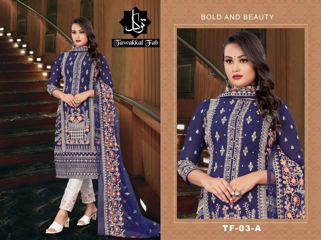 TAWAKKAL FAB HIT DESIGN 03 COOURS BY TAWAKKAL FAB 03-A TO 03-B SERIES PAKISTANI STYLISH BEAUTIFUL COLOURFUL PRINTED & EMBROIDERED PARTY WEAR & OCCASIONAL WEAR FAUX GEORGETTE EMBROIDERED DRESSES AT WHOLESALE PRICE