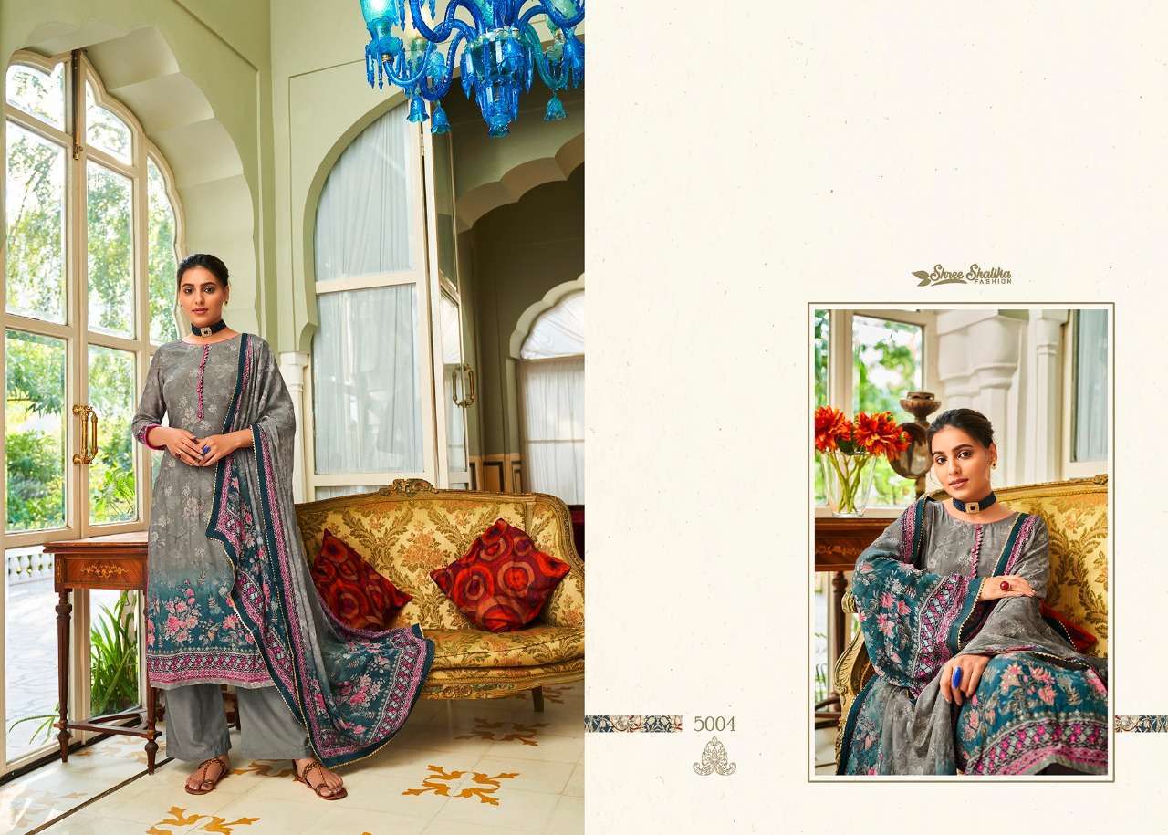 RAABTA BY SHREE SHALIKA FASHION 5001 TO 5008 SERIES BEAUTIFUL STYLISH SUITS FANCY COLORFUL CASUAL WEAR & ETHNIC WEAR & READY TO WEAR PURE MUSLIN DIGITAL PRINT WITH WORK DRESSES AT WHOLESALE PRICE