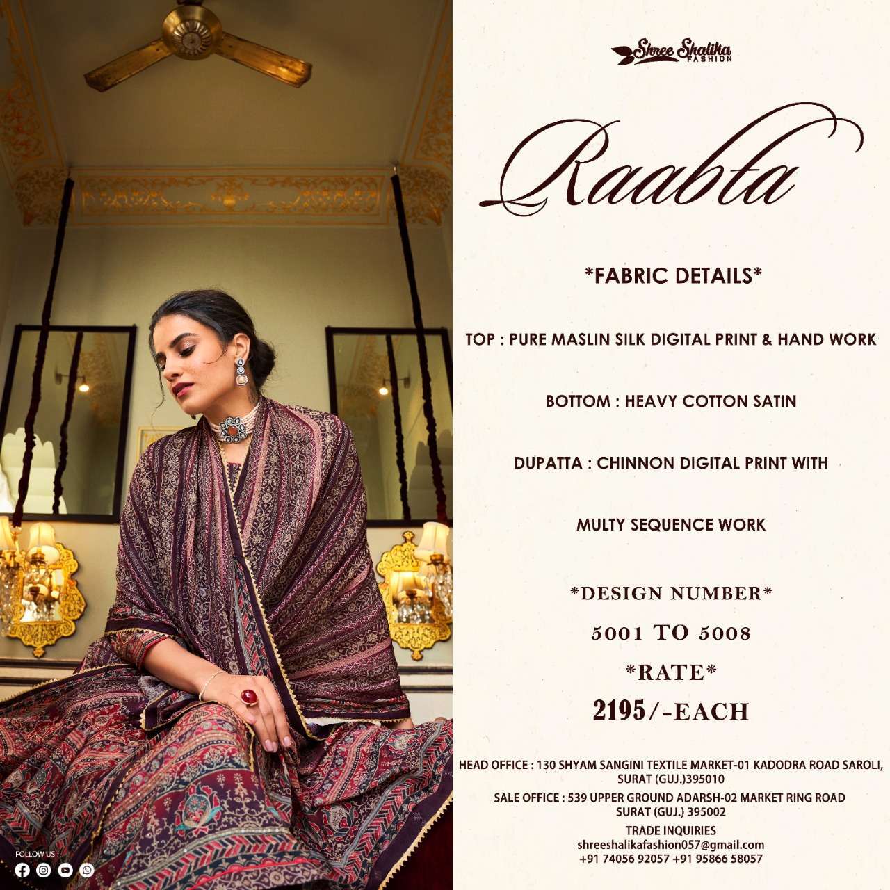 RAABTA BY SHREE SHALIKA FASHION 5001 TO 5008 SERIES BEAUTIFUL STYLISH SUITS FANCY COLORFUL CASUAL WEAR & ETHNIC WEAR & READY TO WEAR PURE MUSLIN DIGITAL PRINT WITH WORK DRESSES AT WHOLESALE PRICE