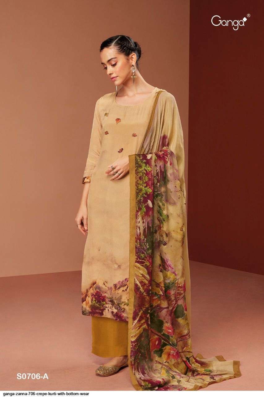 ZANNA-706 BY GANGA FASHION 706-A TO 706-B SERIES BEAUTIFUL SUITS COLORFUL STYLISH FANCY CASUAL WEAR & ETHNIC WEAR PREMIUM BEMBERG CREPE DRESSES AT WHOLESALE PRICE