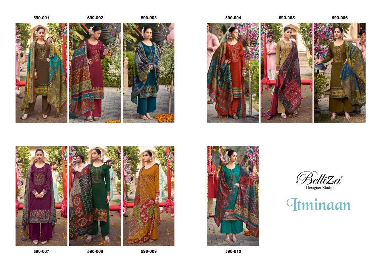 ITMINAAN BY BELLIZA 590-001 TO 590-010 SERIES BEAUTIFUL STYLISH SUITS FANCY COLORFUL CASUAL WEAR & ETHNIC WEAR & READY TO WEAR PURE JAM COTTON PRINTED DRESSES AT WHOLESALE PRICE