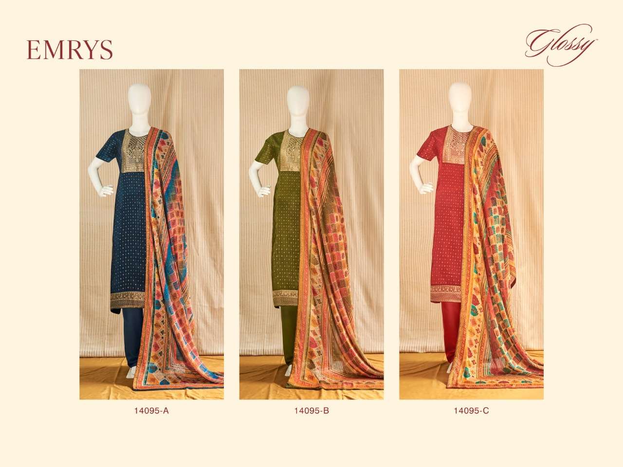 EMRYS BY GLOSSY 14095-A TO 14095-C SERIES FESTIVE SUITS COLLECTION BEAUTIFUL STYLISH FANCY COLORFUL PARTY WEAR & OCCASIONAL WEAR PURE UPADA EMBROIDERED DRESSES AT WHOLESALE PRICE