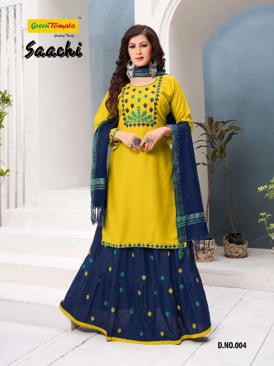 SAACHI BY GREEN TOMATO 001 TO 008 SERIES BEAUTIFUL PATIYALA SUITS COLORFUL STYLISH FANCY CASUAL WEAR & ETHNIC WEAR HEAVY RAYON DRESSES AT WHOLESALE PRICE
