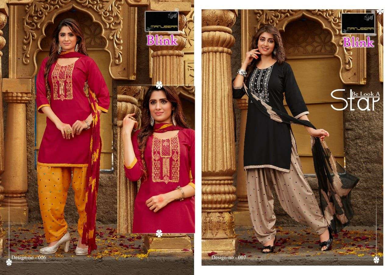 BLINK BY MANJEERA 001 TO 008 SERIES BEAUTIFUL PATIYALA SUITS COLORFUL STYLISH FANCY CASUAL WEAR & ETHNIC WEAR RAYON WITH WORK DRESSES AT WHOLESALE PRICE