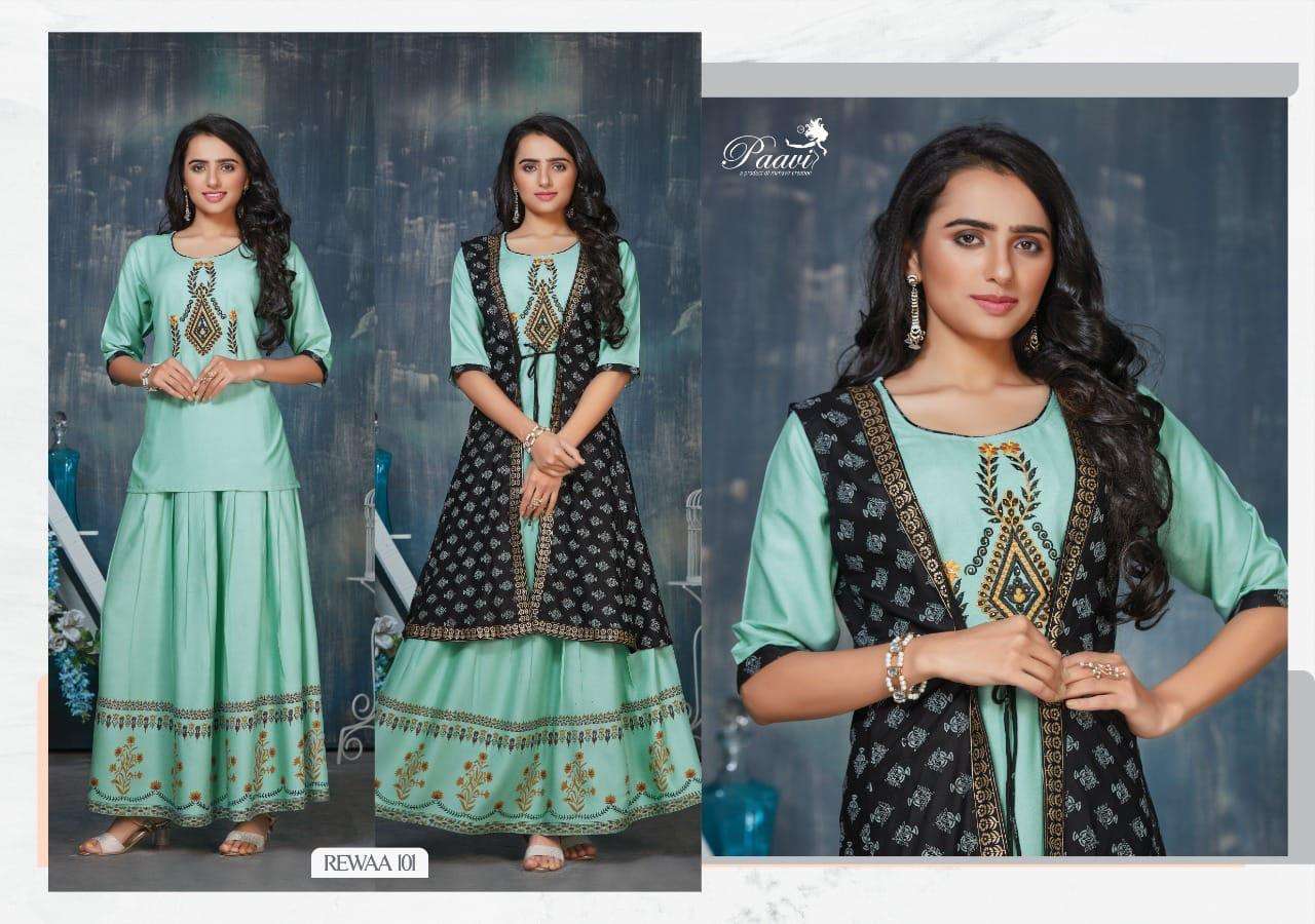 REWAA BY PAAVI 101 TO 108 SERIES DESIGNER STYLISH FANCY COLORFUL BEAUTIFUL PARTY WEAR & ETHNIC WEAR COLLECTION RAYON PRINT TOPS WITH BOTTOM AT WHOLESALE PRICE