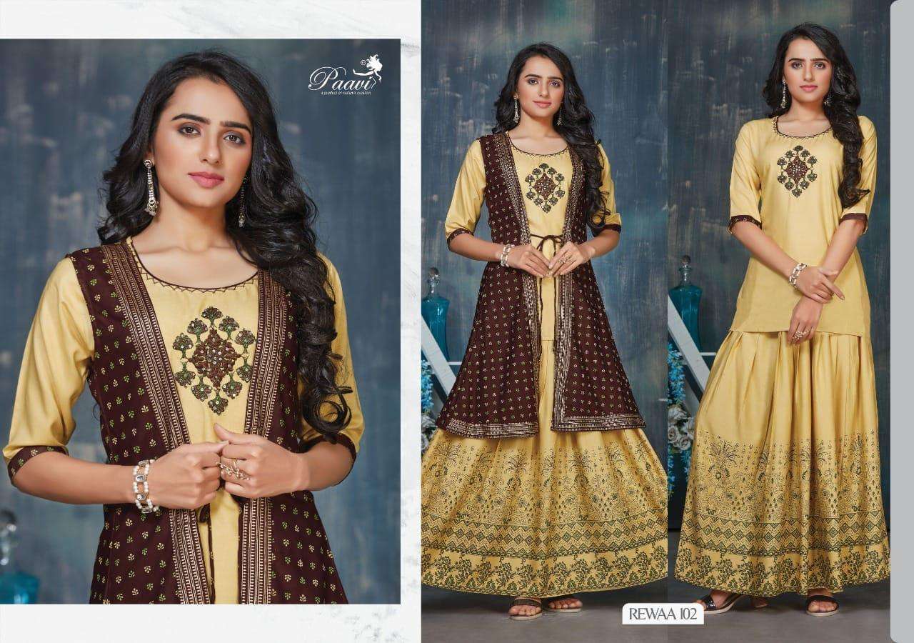REWAA BY PAAVI 101 TO 108 SERIES DESIGNER STYLISH FANCY COLORFUL BEAUTIFUL PARTY WEAR & ETHNIC WEAR COLLECTION RAYON PRINT TOPS WITH BOTTOM AT WHOLESALE PRICE