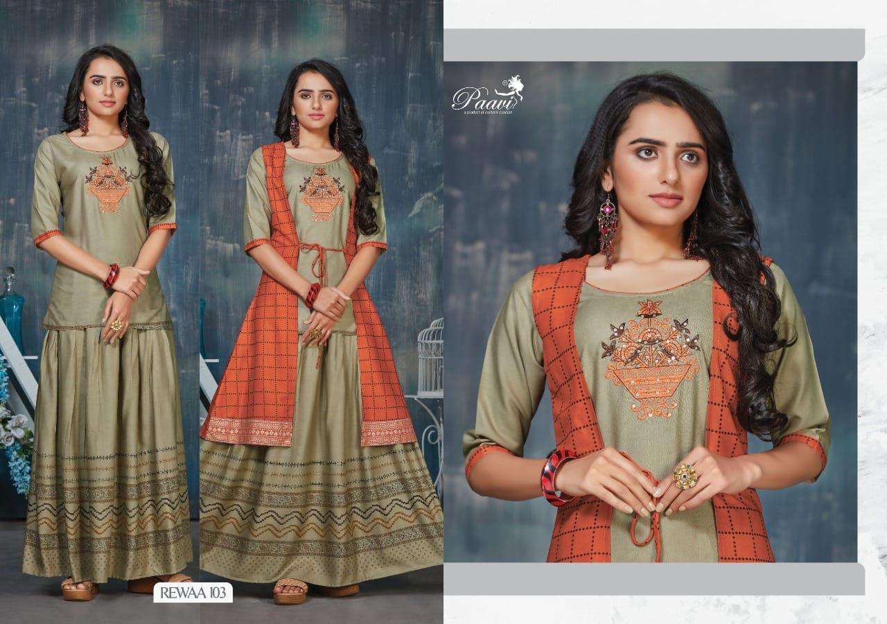 REWAA BY PAAVI 101 TO 108 SERIES DESIGNER STYLISH FANCY COLORFUL BEAUTIFUL PARTY WEAR & ETHNIC WEAR COLLECTION RAYON PRINT TOPS WITH BOTTOM AT WHOLESALE PRICE