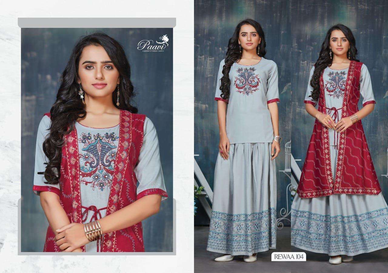 REWAA BY PAAVI 101 TO 108 SERIES DESIGNER STYLISH FANCY COLORFUL BEAUTIFUL PARTY WEAR & ETHNIC WEAR COLLECTION RAYON PRINT TOPS WITH BOTTOM AT WHOLESALE PRICE