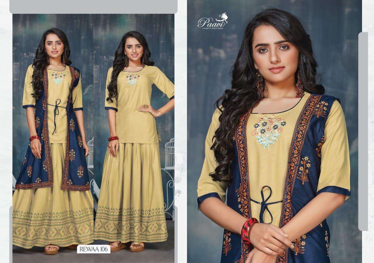 REWAA BY PAAVI 101 TO 108 SERIES DESIGNER STYLISH FANCY COLORFUL BEAUTIFUL PARTY WEAR & ETHNIC WEAR COLLECTION RAYON PRINT TOPS WITH BOTTOM AT WHOLESALE PRICE
