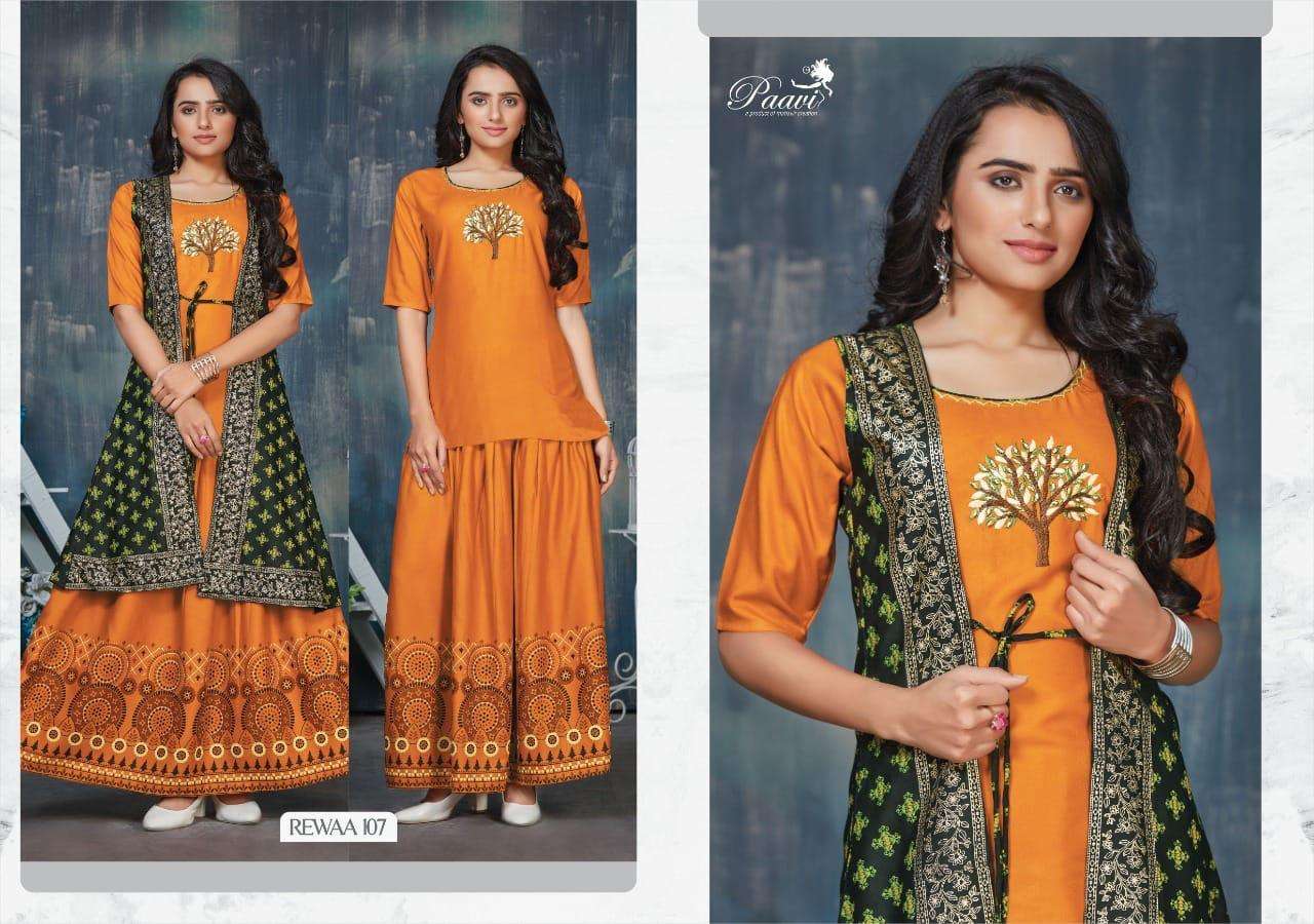 REWAA BY PAAVI 101 TO 108 SERIES DESIGNER STYLISH FANCY COLORFUL BEAUTIFUL PARTY WEAR & ETHNIC WEAR COLLECTION RAYON PRINT TOPS WITH BOTTOM AT WHOLESALE PRICE