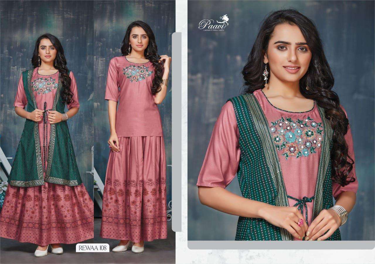 REWAA BY PAAVI 101 TO 108 SERIES DESIGNER STYLISH FANCY COLORFUL BEAUTIFUL PARTY WEAR & ETHNIC WEAR COLLECTION RAYON PRINT TOPS WITH BOTTOM AT WHOLESALE PRICE