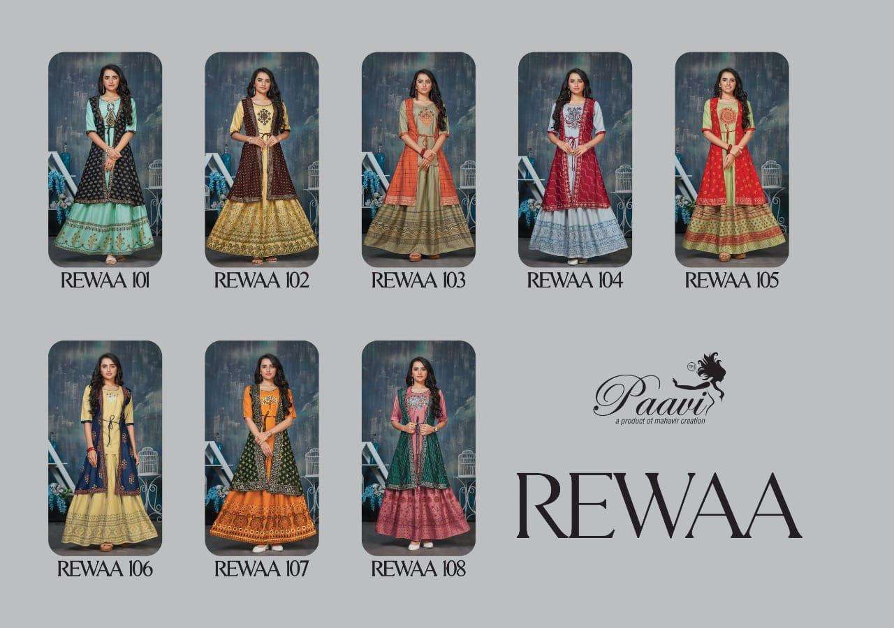 REWAA BY PAAVI 101 TO 108 SERIES DESIGNER STYLISH FANCY COLORFUL BEAUTIFUL PARTY WEAR & ETHNIC WEAR COLLECTION RAYON PRINT TOPS WITH BOTTOM AT WHOLESALE PRICE