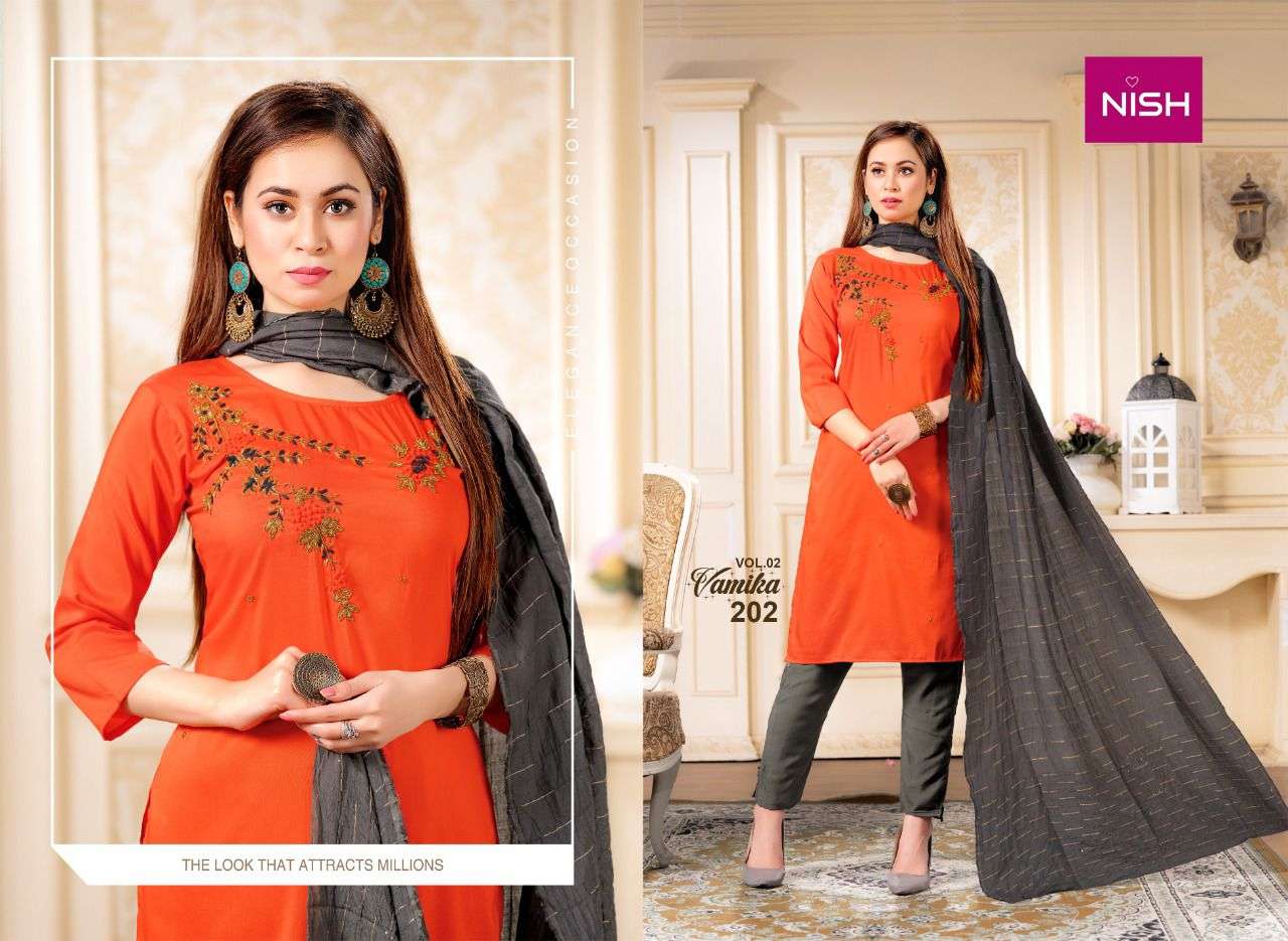 VAMIKA VOL-2 BY NISH 201 TO 206 SERIES BEAUTIFUL SUITS COLORFUL STYLISH FANCY CASUAL WEAR & ETHNIC WEAR CHINNON WITH WORK DRESSES AT WHOLESALE PRICE