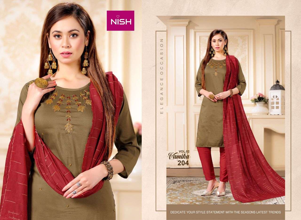VAMIKA VOL-2 BY NISH 201 TO 206 SERIES BEAUTIFUL SUITS COLORFUL STYLISH FANCY CASUAL WEAR & ETHNIC WEAR CHINNON WITH WORK DRESSES AT WHOLESALE PRICE