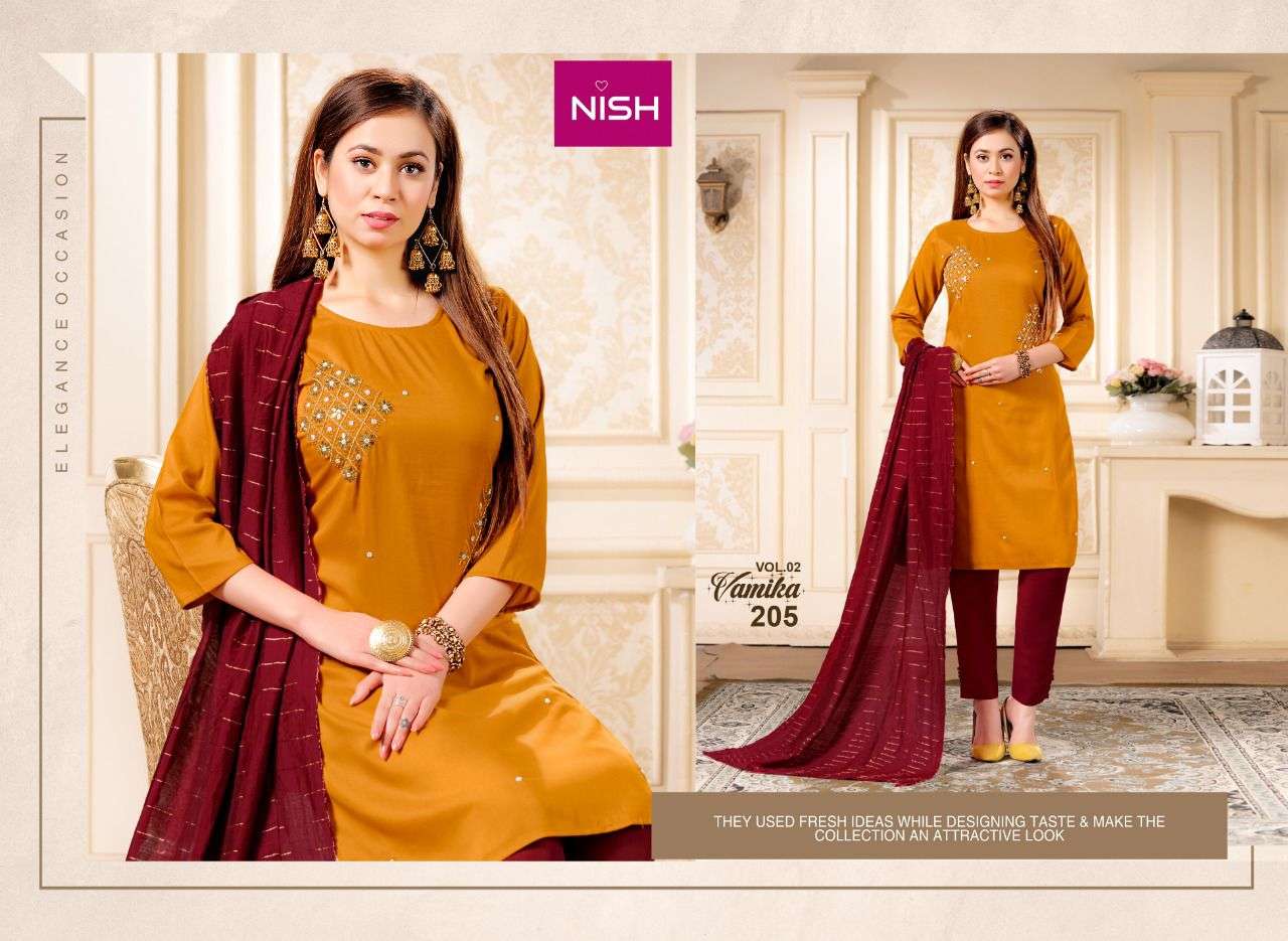 VAMIKA VOL-2 BY NISH 201 TO 206 SERIES BEAUTIFUL SUITS COLORFUL STYLISH FANCY CASUAL WEAR & ETHNIC WEAR CHINNON WITH WORK DRESSES AT WHOLESALE PRICE