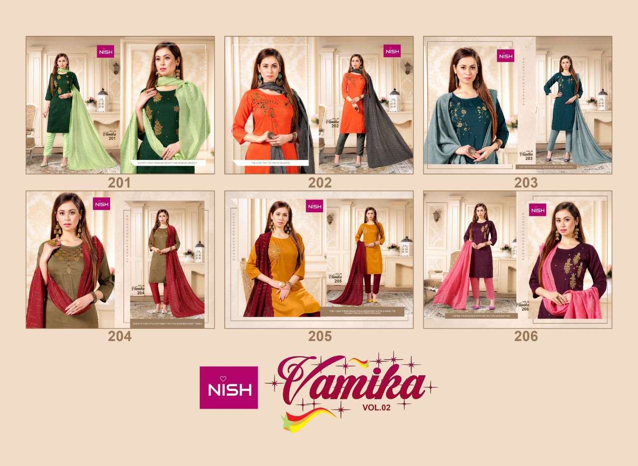 VAMIKA VOL-2 BY NISH 201 TO 206 SERIES BEAUTIFUL SUITS COLORFUL STYLISH FANCY CASUAL WEAR & ETHNIC WEAR CHINNON WITH WORK DRESSES AT WHOLESALE PRICE