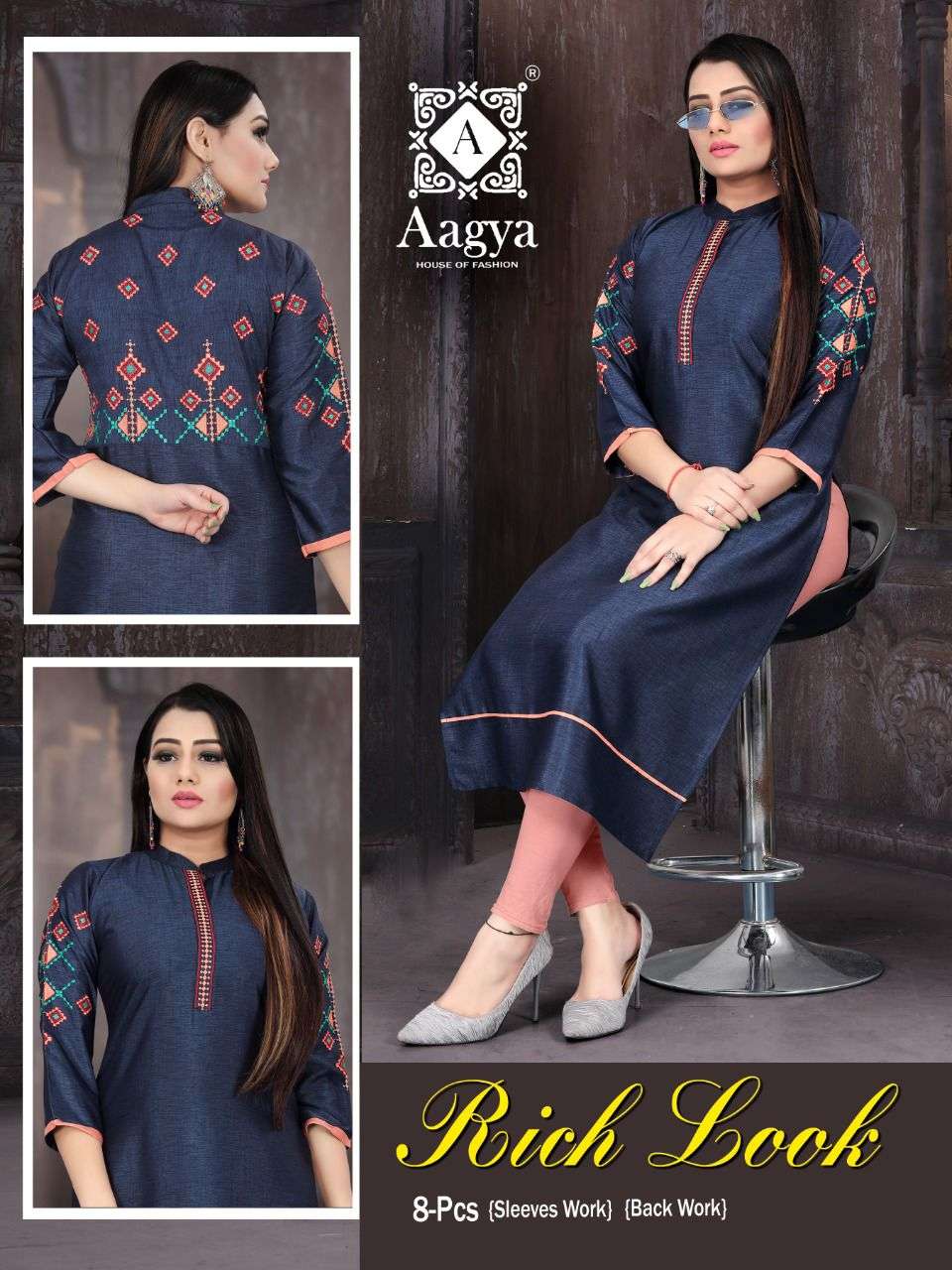 RICH LOOK BY AAGYA 001 TO 008 SERIES DESIGNER STYLISH FANCY COLORFUL BEAUTIFUL PARTY WEAR & ETHNIC WEAR COLLECTION RAYON EMBROIDERY KURTIS AT WHOLESALE PRICE