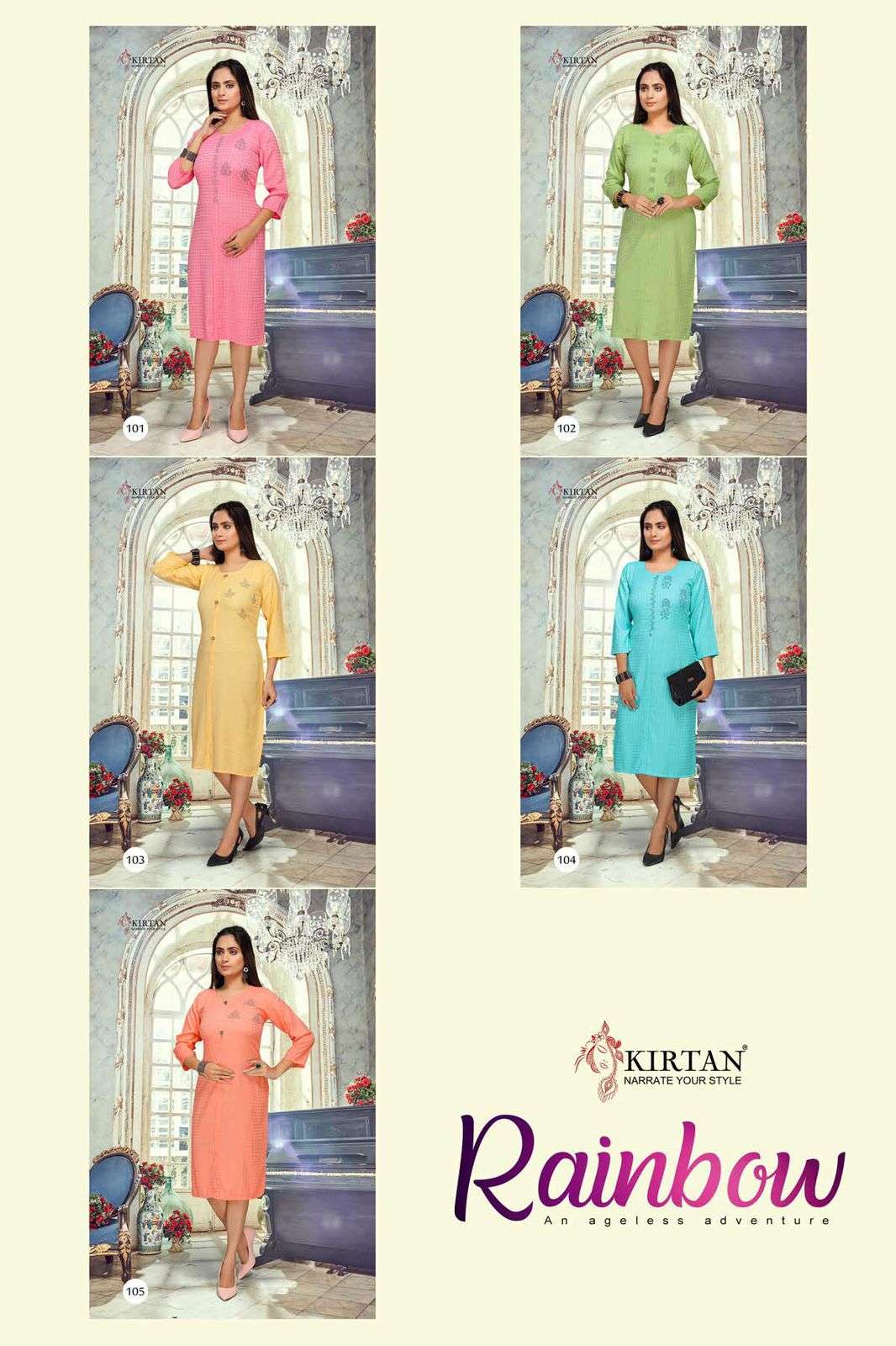 RAINBOW BY KIRTAN 101 TO 105 SERIES DESIGNER STYLISH FANCY COLORFUL BEAUTIFUL PARTY WEAR & ETHNIC WEAR COLLECTION RAYON WITH WORK KURTIS AT WHOLESALE PRICE